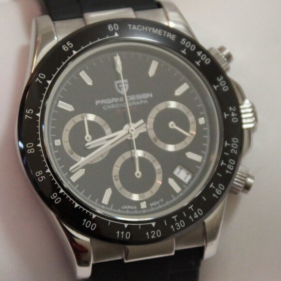 Men's Meca Quartz Chronograph Tachymeter 3 Sub-Dials Date Rubber Strap 40mm - Picture 8 of 15